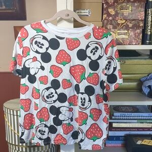 Disney Women's Mickey Mouse and Strawberry Tee - White and Red Size 1X